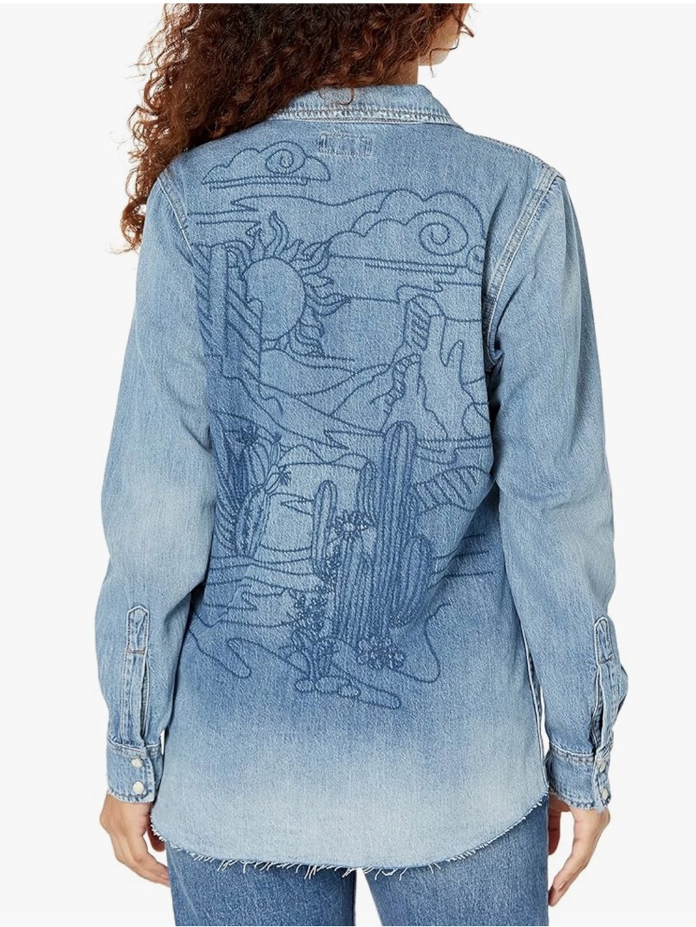 Lucky Brand Embroidered Medium Wash Denim Shacket with Desert Motif Size XL